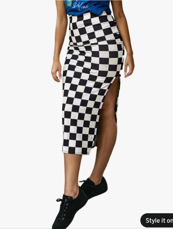 EARKOHA Dresses & Skirts - High-Waist Black & White Check Midi Skirt with Side Slit